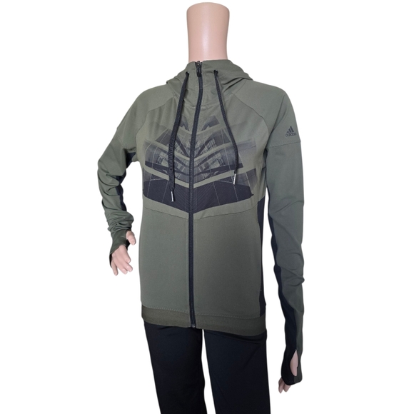ADIDAS ClimaLite Women's Khaki Green Full Zip Hooded Running Jacket - Picture 10 of 16